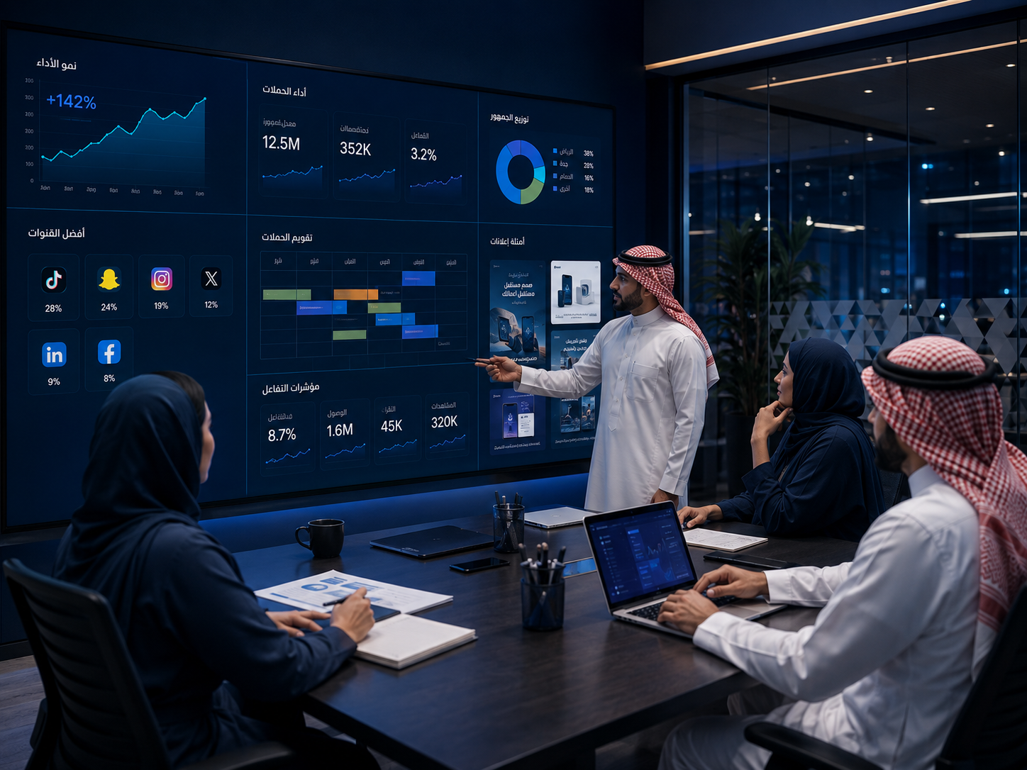فريق تسويق سعودي يراجع أداء الحملات والبيانات